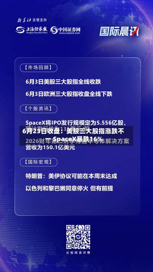 6月23日收盘：美股三大股指涨跌不一 SpaceX暴跌16%